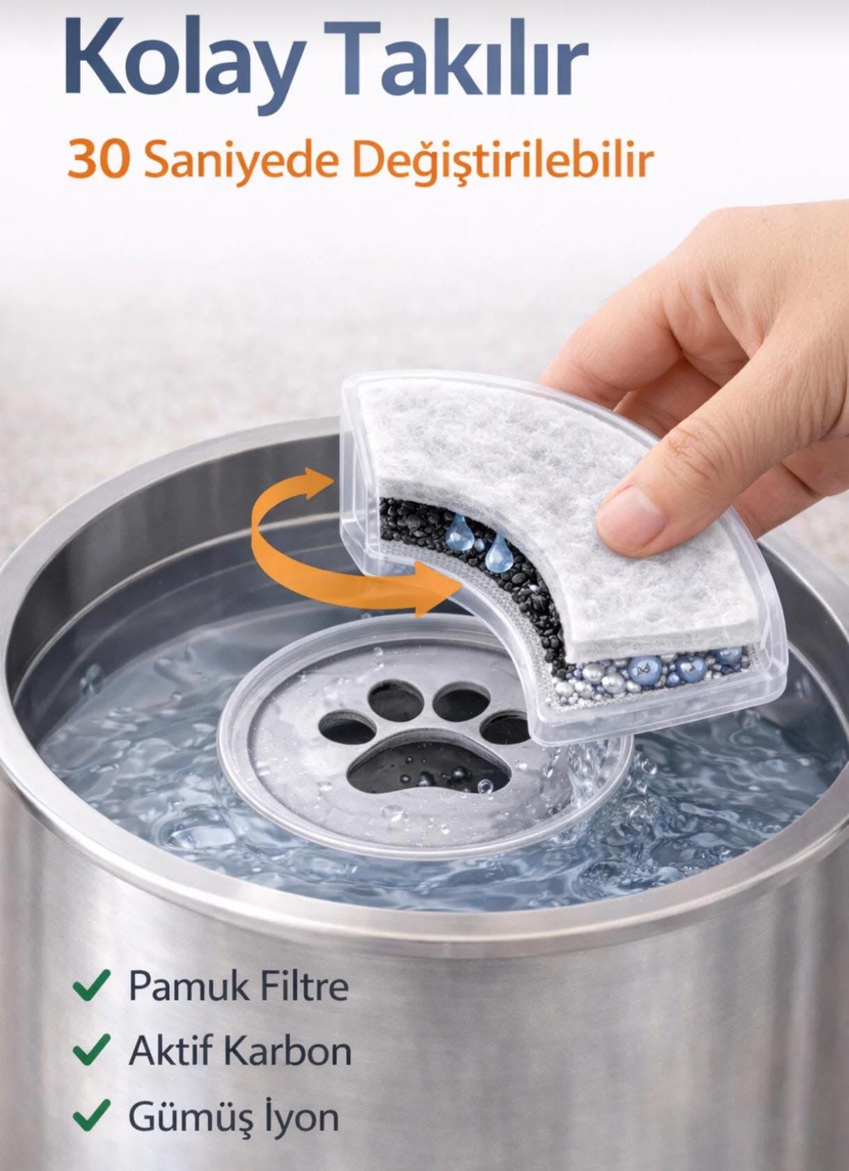 3L Paslanmaz Çelik Kedi Su Pınarı, Sessiz Otomatik Biyolojik Filtreli